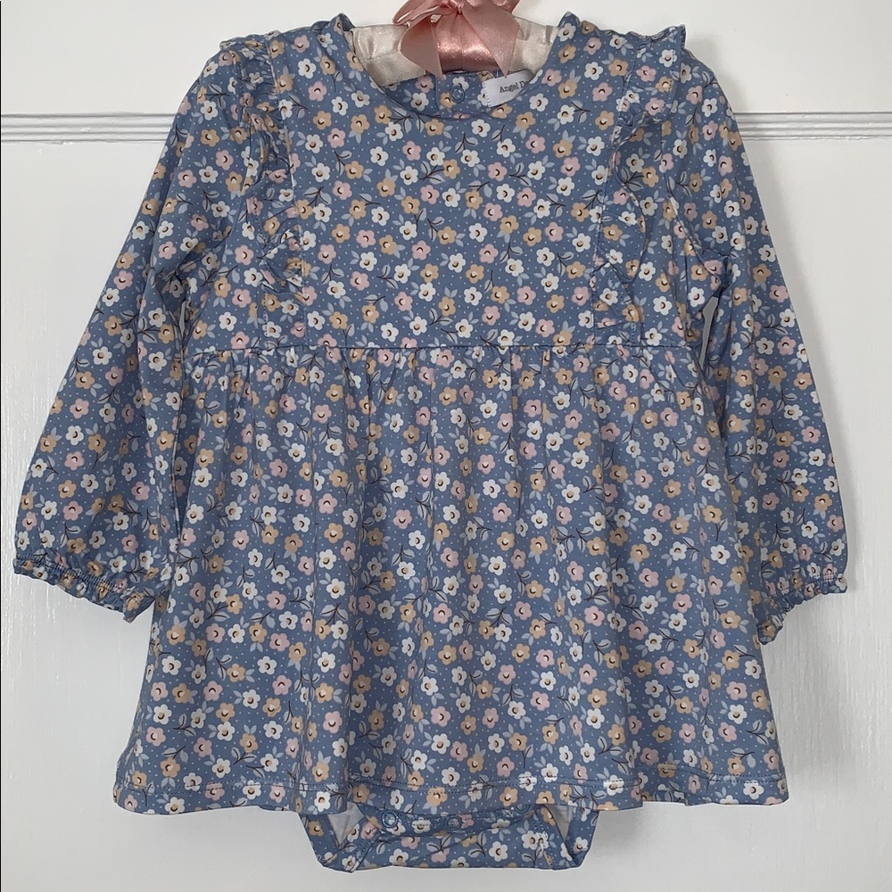 NWT Angel Dear Ruffle Blue Calico Bodysuit Dress 12-18M